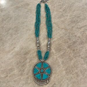 Johnny Was Dynamic silver plated medallion necklace with turquoise beads.